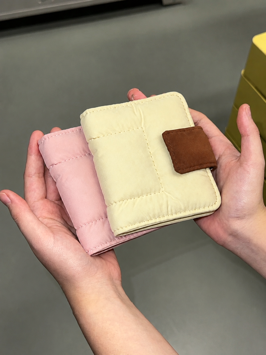 Toast Polaroid Memory Album - pale cream and pink quilted mini photo albums held in hand