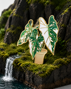 Metal Plant Friend Magnet - Alocasia leaf-shaped metal fridge magnet in green and white with gold outline