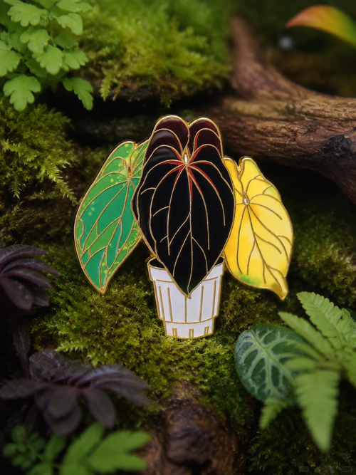 Metal Plant Friend Magnet - Anthurium Crystallinum leaf-shaped metal fridge magnet in green, black and yellow