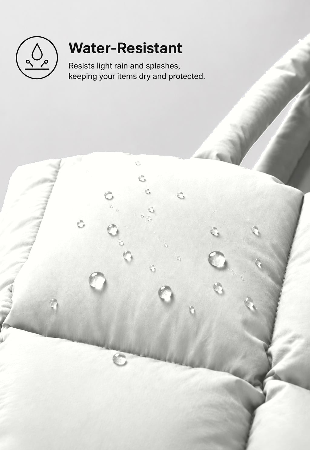 Mini Puffer Tote Bag - close-up of water-resistant quilted puffer fabric texture in white