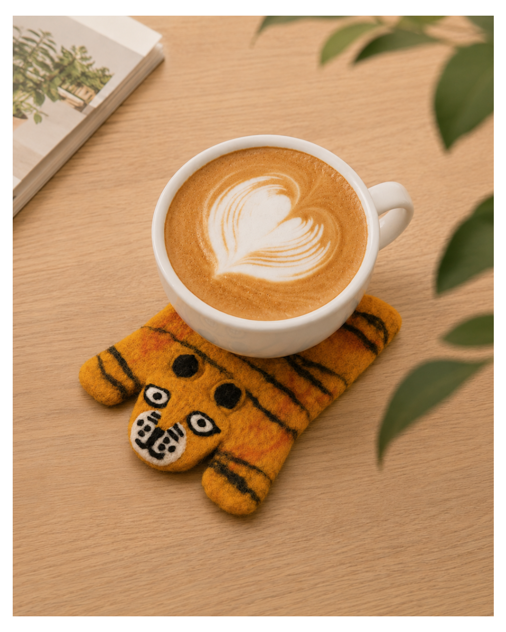 Wool Felt Animal Coaster - tiger-shaped felt coaster in orange and black under latte cup