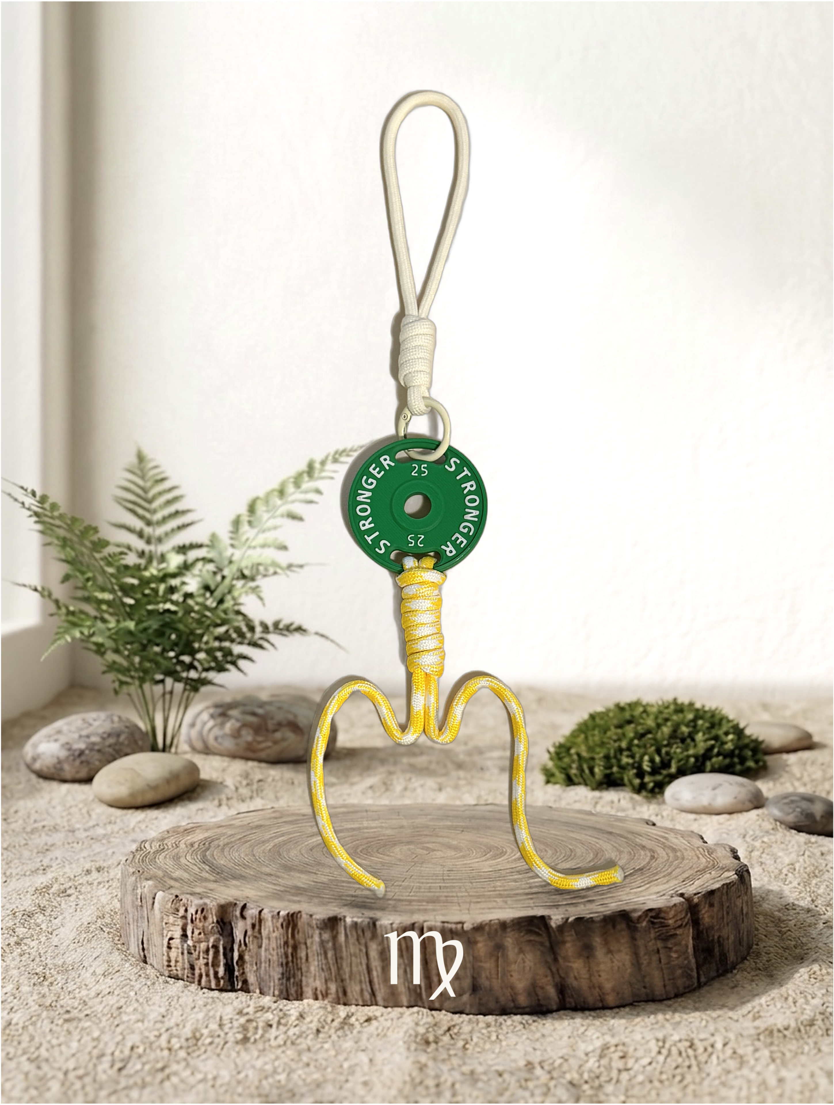 Mini Plate Bag Charm - Virgo zodiac charm, green weight plate keychain on wood display