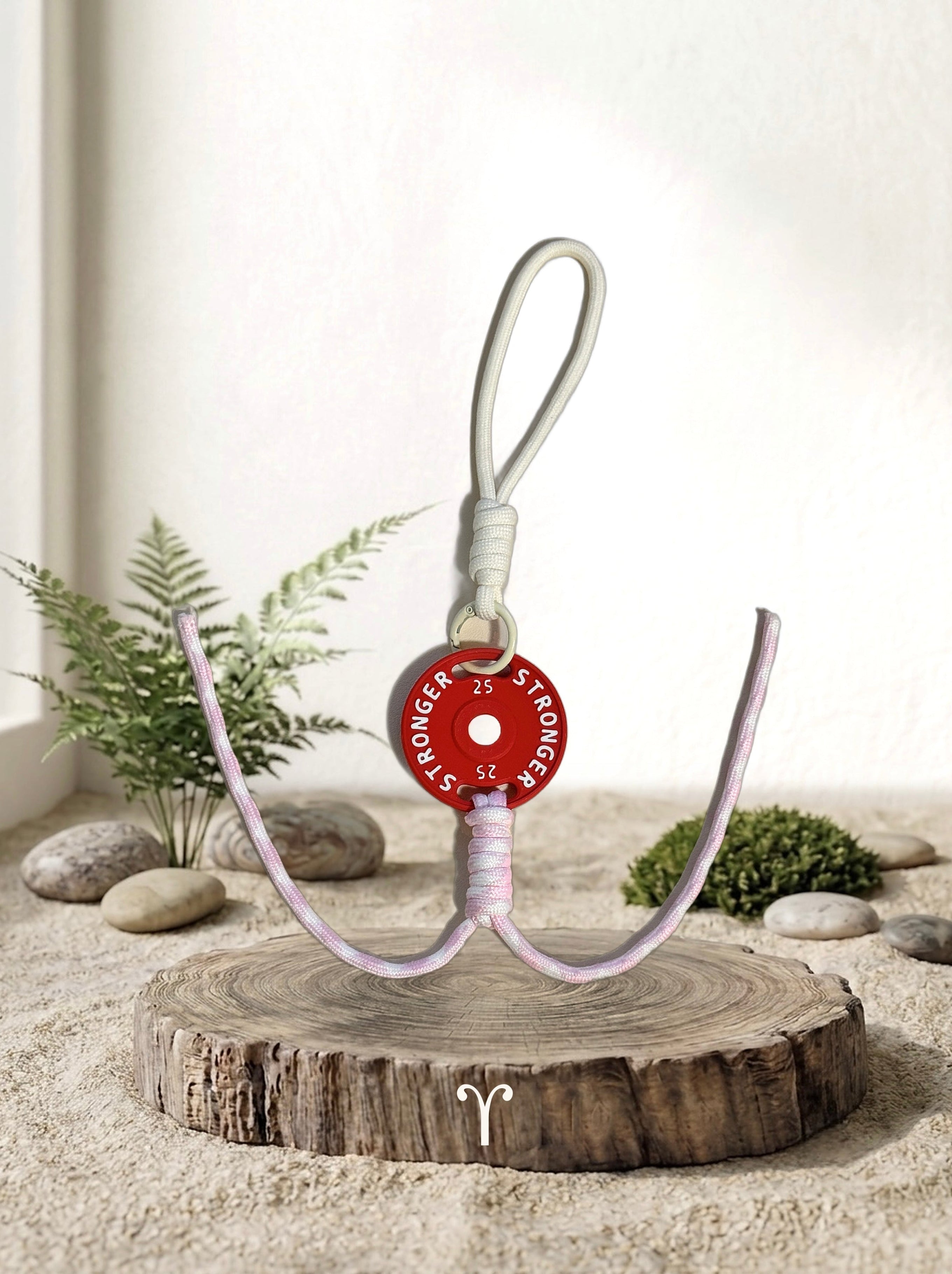 Mini Plate Bag Charm - Aries zodiac charm, red weight plate keychain with ram symbol on wood display