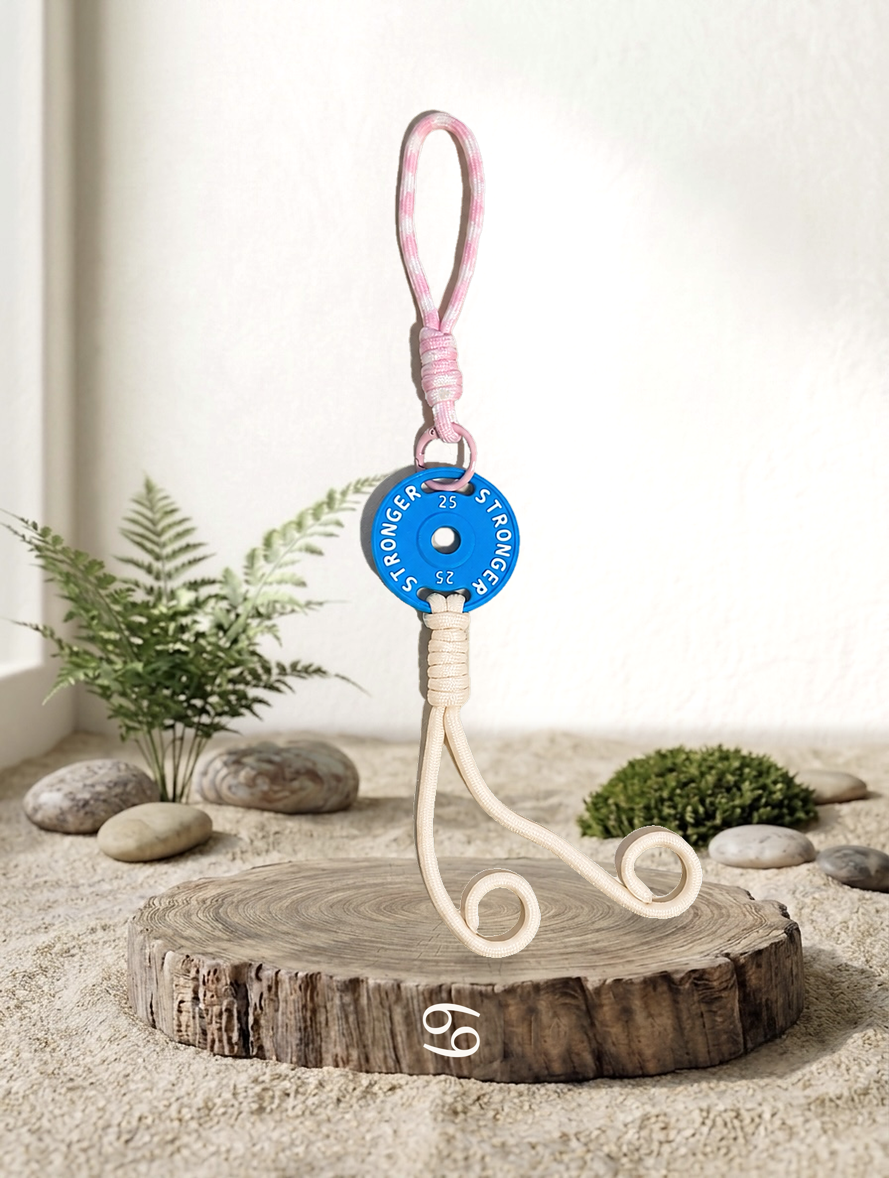 Mini Plate Bag Charm - Cancer zodiac charm, blue weight plate keychain on wood display