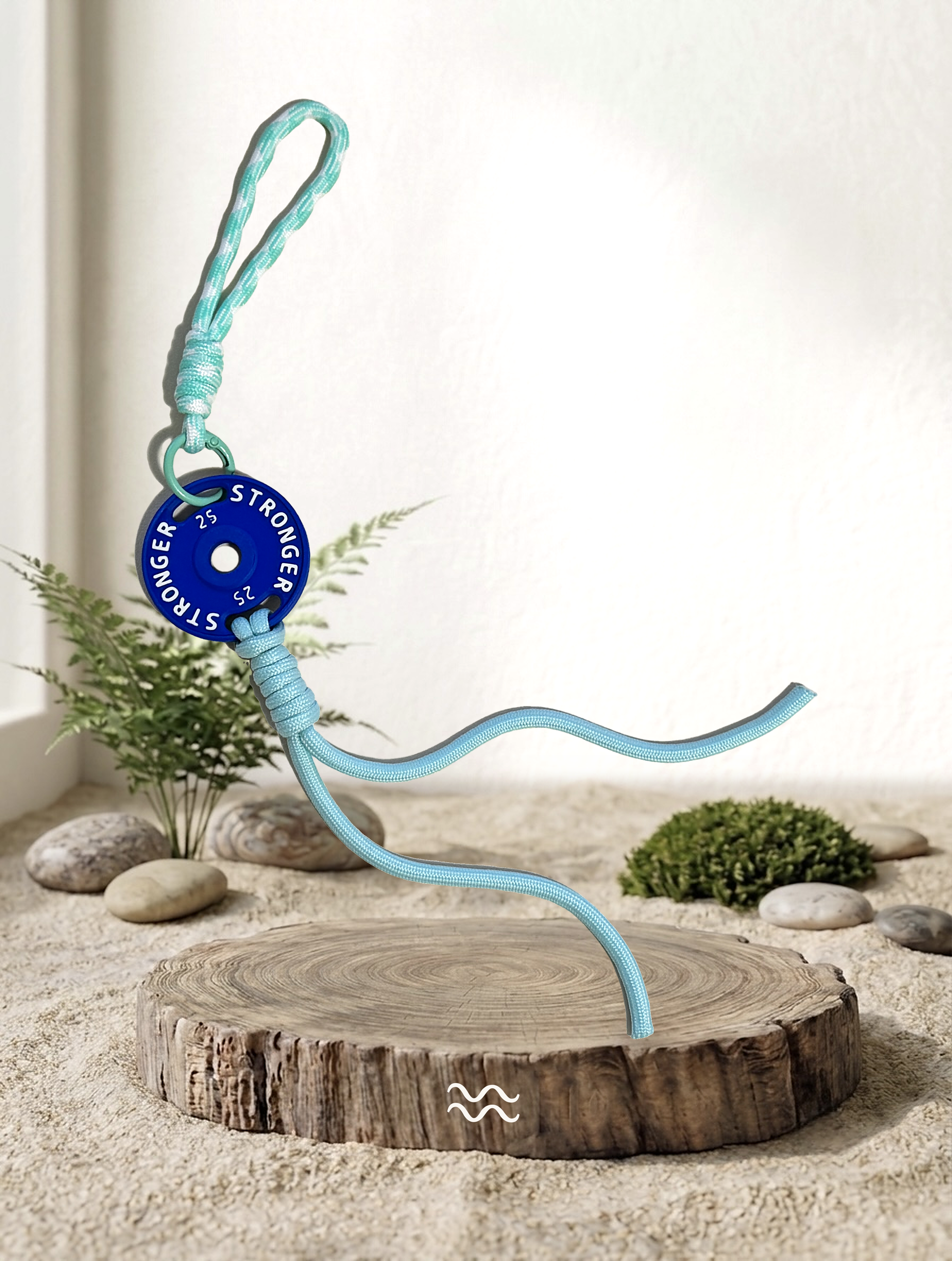 Mini Plate Bag Charm - Aquarius zodiac charm, blue weight plate keychain on wood display