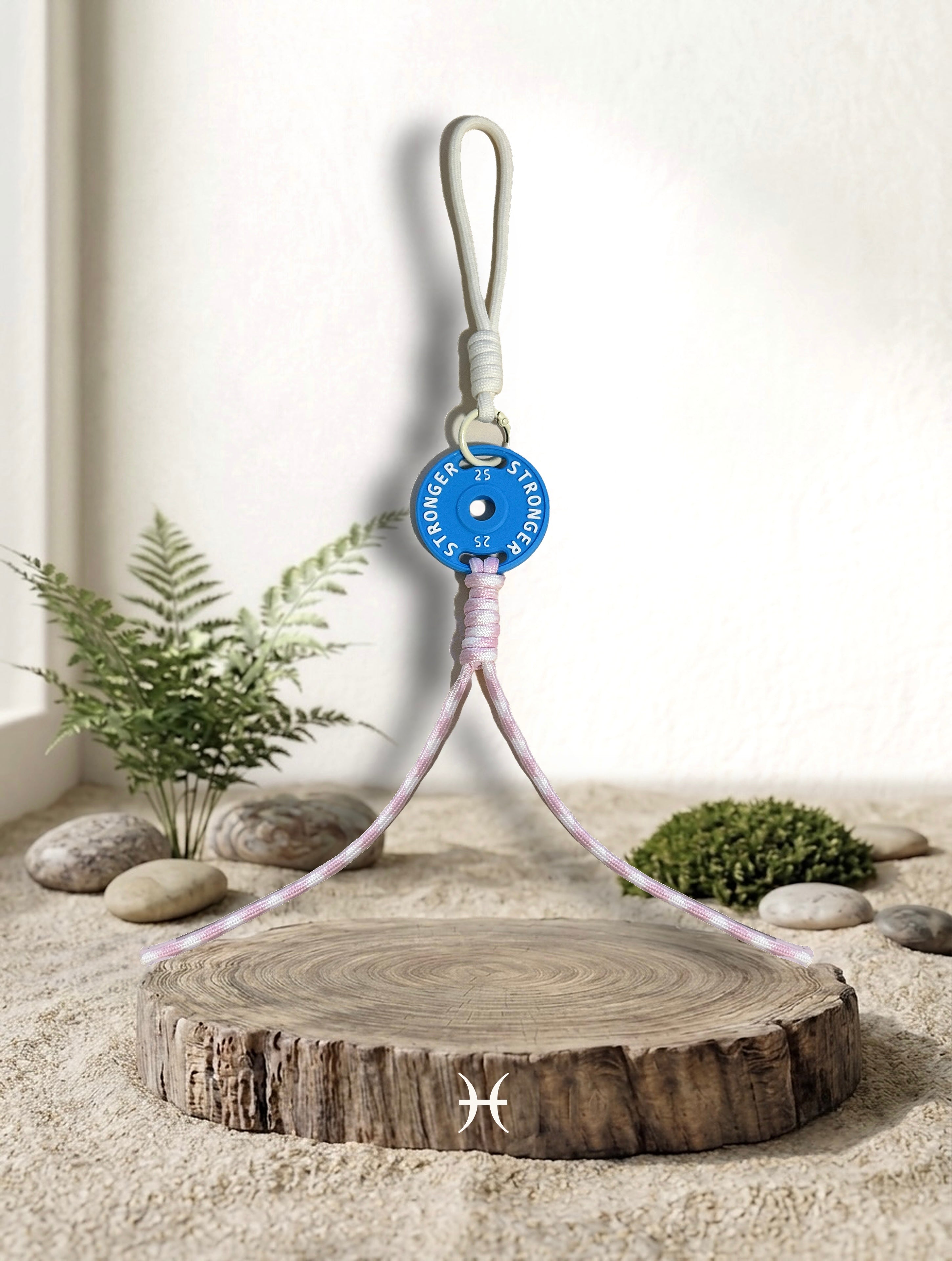 Mini Plate Bag Charm - Pisces zodiac charm, blue weight plate keychain on wood display