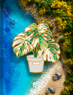 Metal Plant Friend Magnet - Monstera Deliciosa leaf-shaped metal fridge magnet in green and white with gold trim