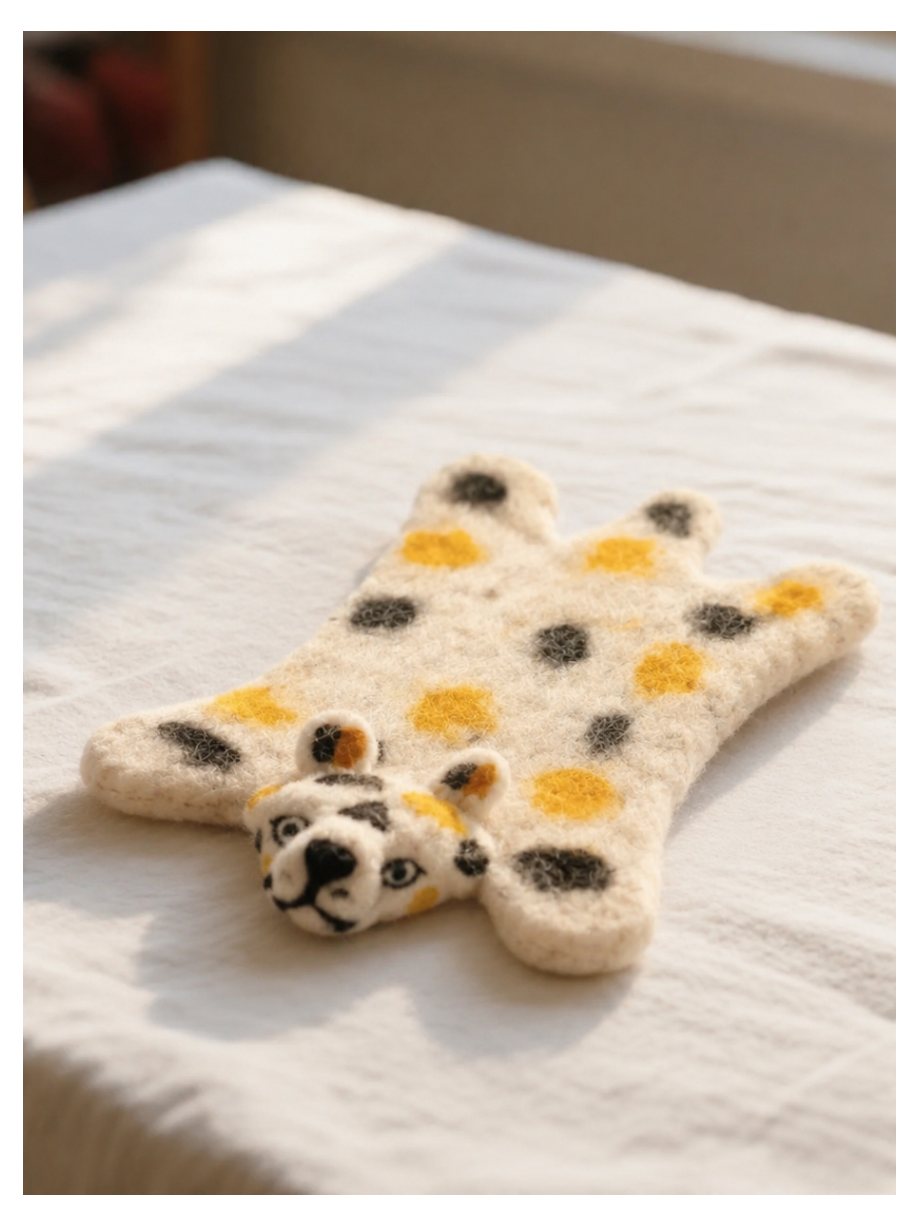 Wool Felt Animal Coaster - leopard-shaped felt coaster in cream and gold, flat view on white blanket