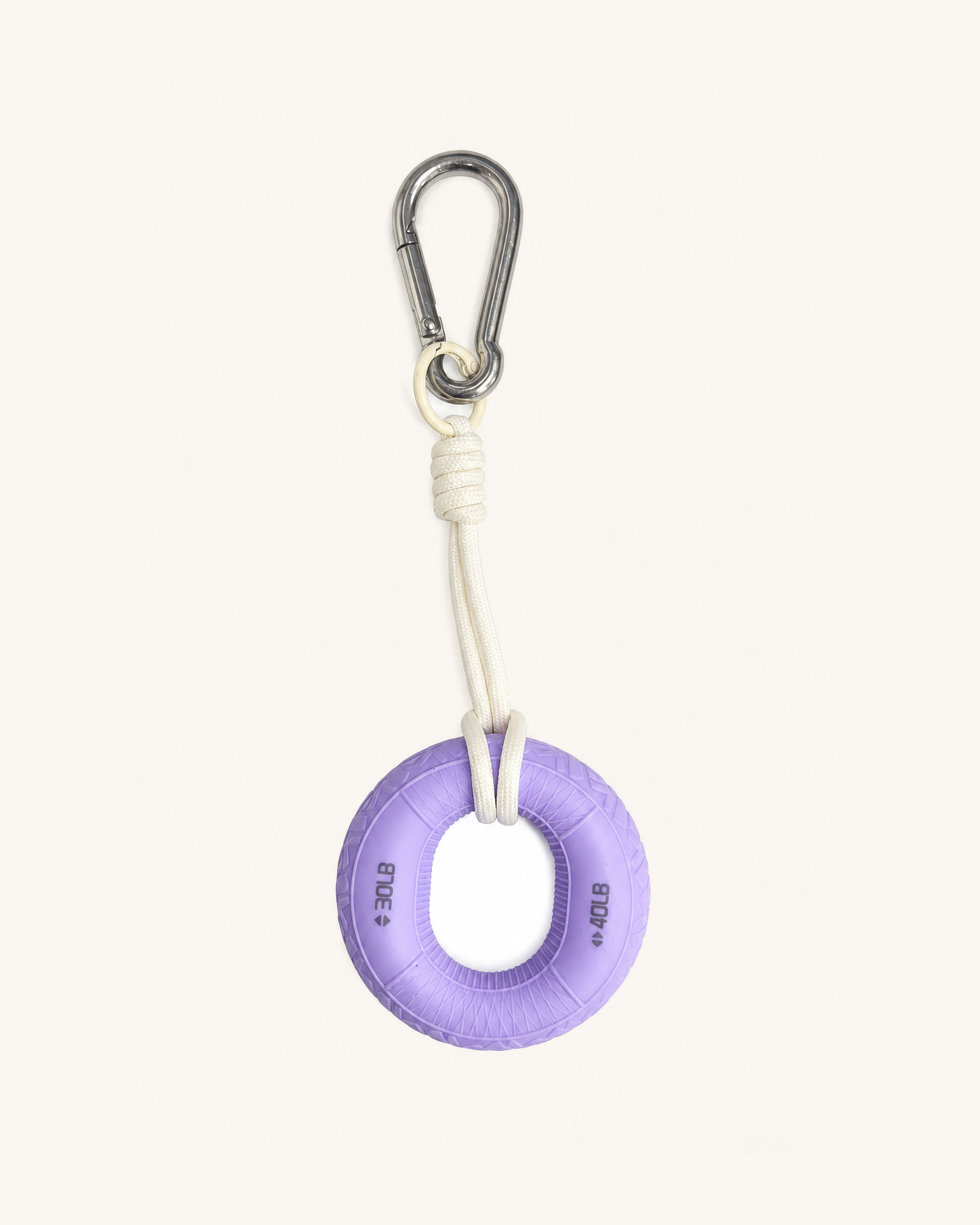 Boulder Grip Charm in purple - donut-shaped climbing grip keychain with cream rope and carabiner