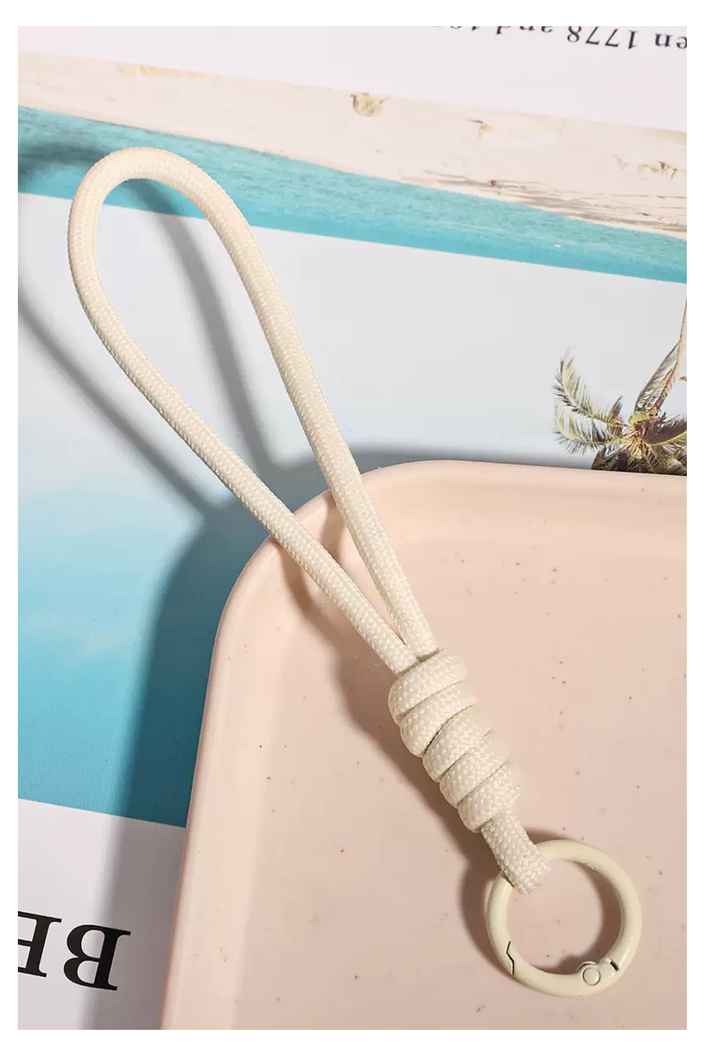 Mini Plate Bag Charm - cream braided paracord keychain loop with carabiner clip
