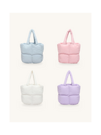Mini Puffer Tote Bag by Paw&Leaf in light blue, pink, white, and lavender purple - quilted puffer tote colorways