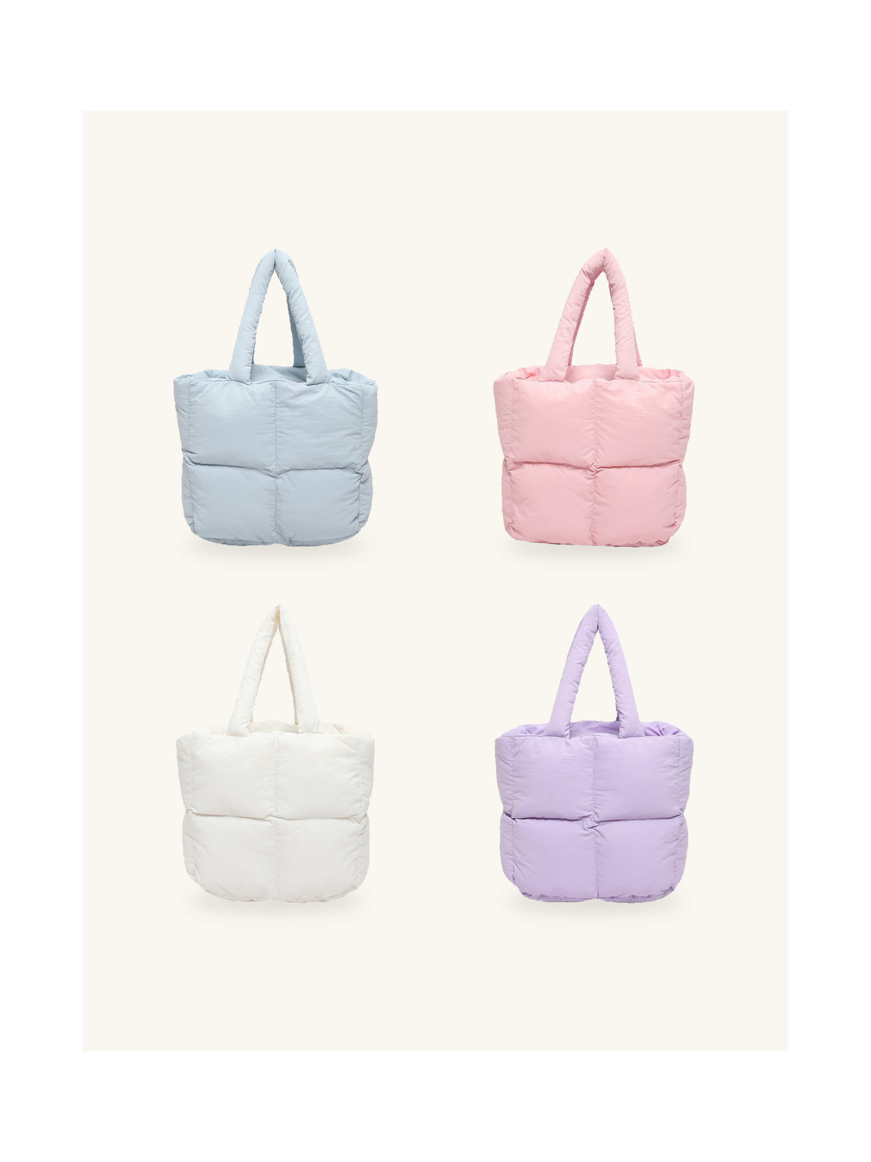 Mini Puffer Tote Bag by Paw&Leaf in light blue, pink, white, and lavender purple - quilted puffer tote colorways